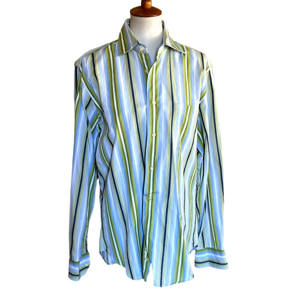 Zara Mens Blue Green Striped Button Up Size 16